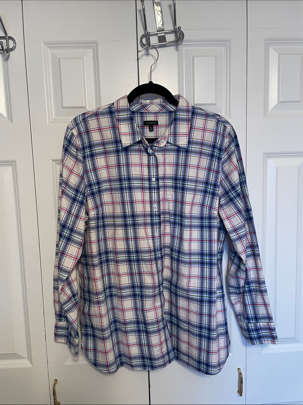 Talbots Blue, White and Pink Plaid Button-Down Shirt w-metallic threading